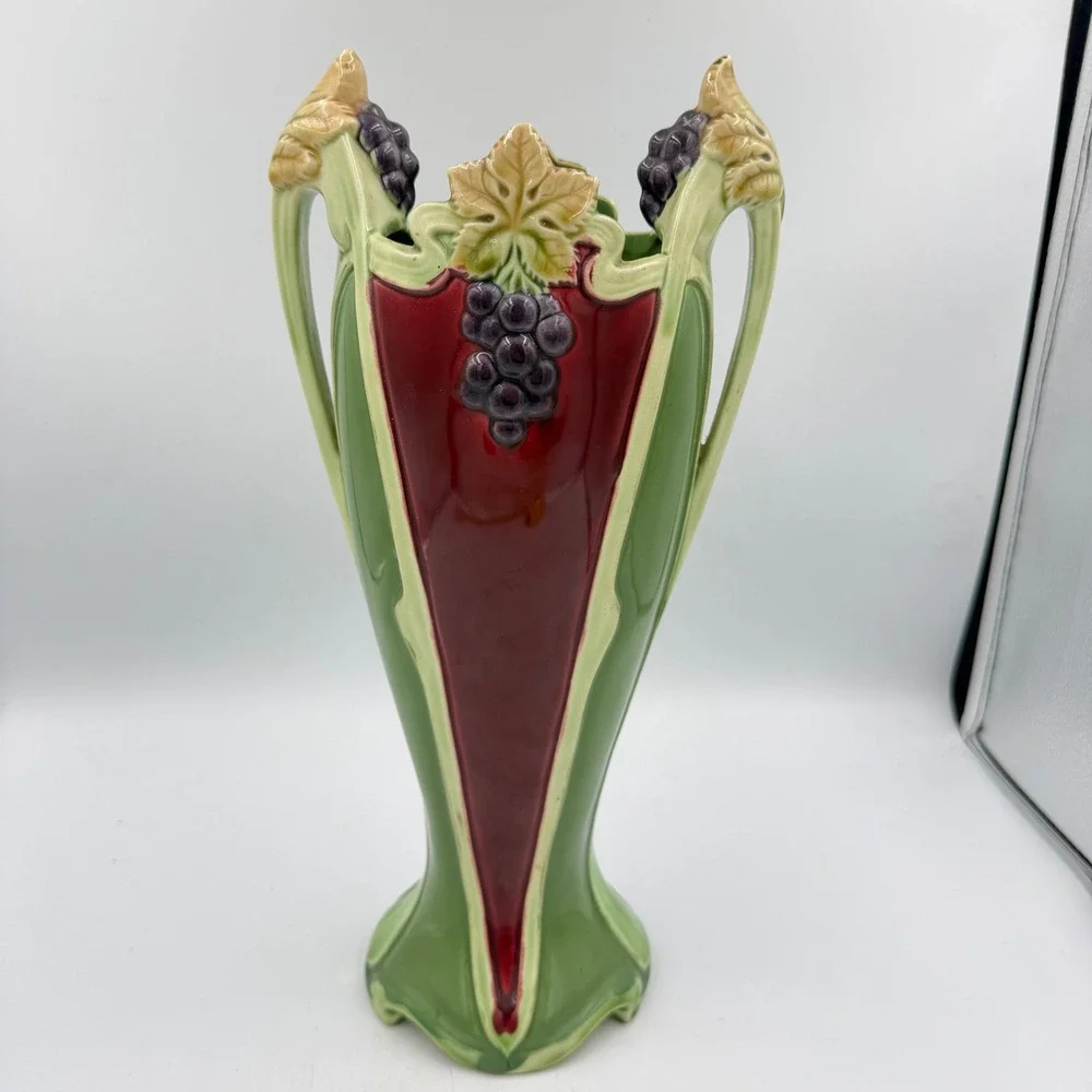 Antique Eichwald Bohemian Majolica Vase Art Nouveau Grape Leaf Twin Handle